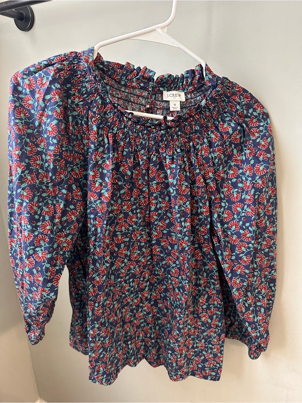 J. Crew Navy Blouse with Red and Teal Floral Print